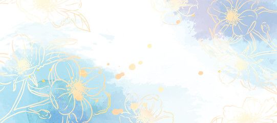 Obraz premium Abstract spring floral art background vector illustration. Watercolor botanical flower and gold brush line art texture. Luxury design for wallpaper, poster, banner, card, print, wedding. 