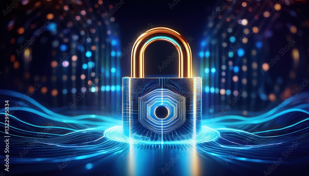 Poster glowing blue holographic padlock against a dark background representing advanced data encryption sec