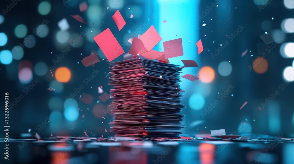 Poster stacks of documents folders: a shredder destroying stacks of documents, representing data security, 