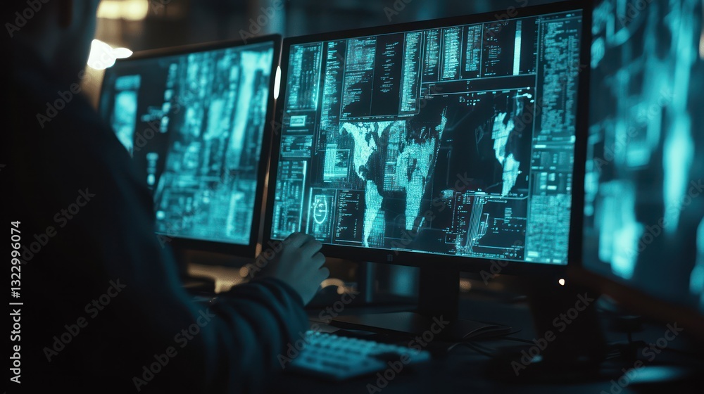 Poster hacker analyzing data, dark room, global map