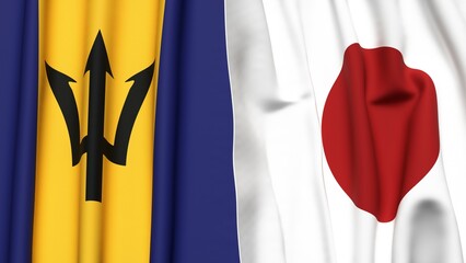 Flags of BARBADOS and JAPAN with realistic cloth texture