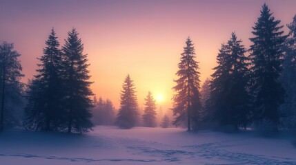 Fototapeta premium Snowy forest sunset winter landscape