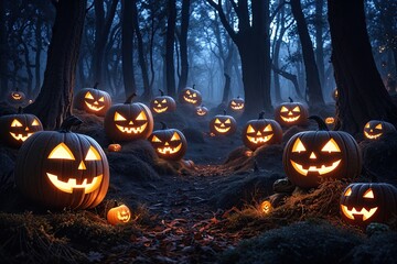 Mystical Jack-o-Lanterns Illuminating a Dark Forest at Midnight