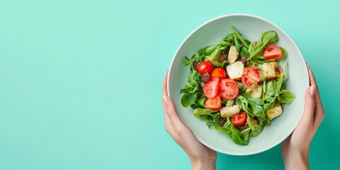 A person is holding a salad bowl filled with greens and tomatoes