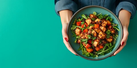 A person is holding a bowl of food with a green background