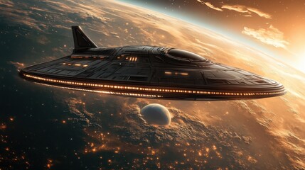 Obraz premium A futuristic spaceship hovers above a planet, illuminated by warm sunlight, set against a cosmic backdrop of stars and distant celestial bodies.