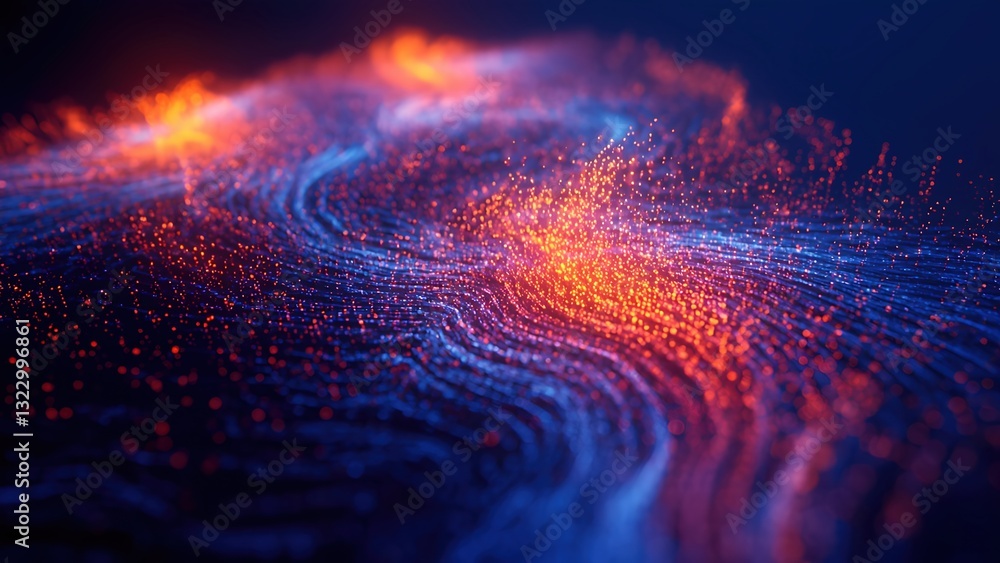 Poster colorful abstract background with blue and red swirling particles creating intricate digital pattern