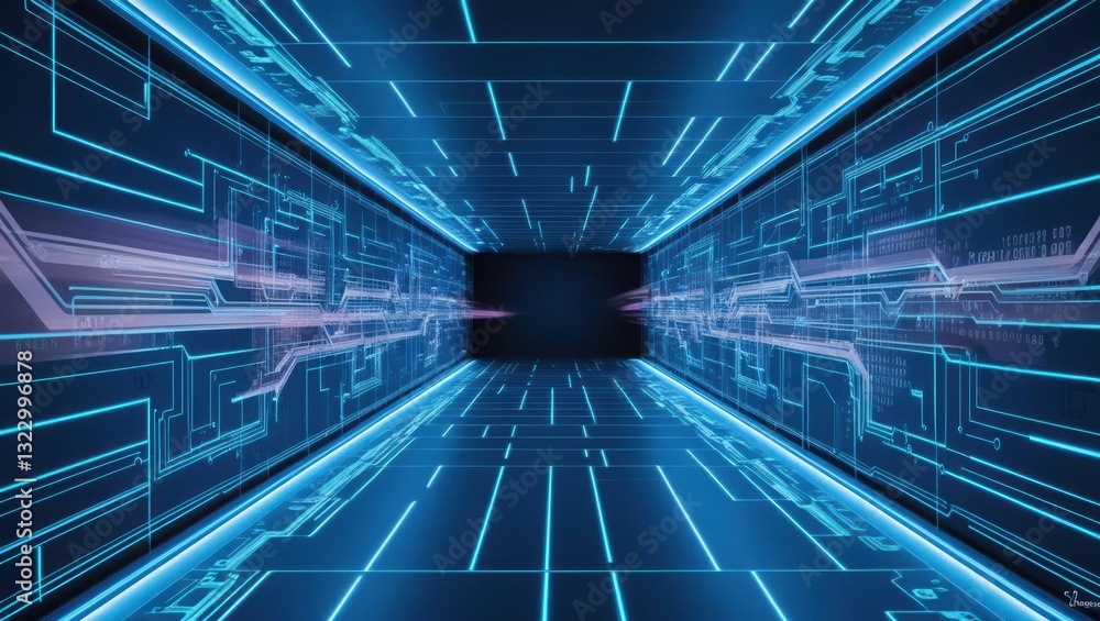 Poster futuristic tunnel with dynamic neon lights and digital grid creating a high-tech visual experience