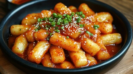 Spicy rice cakes, Korean food, table