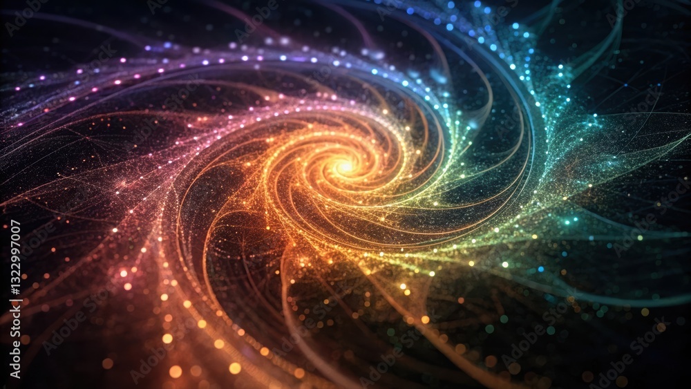 Poster spiral design filled with swirling particles creating a colorful and dynamic abstract visual experie