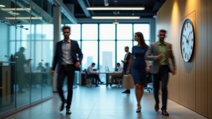 Fototapeta premium A modern office environment with employees walking in a blurred motion effect. The office features stylish glass partitions, wooden panels, and a large clock on the wall. The movement captures the ene