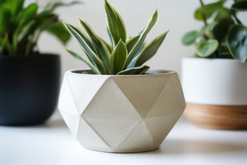 A neutral-toned geometric concrete planter with a smooth finish, perfect for stylish indoor plants.