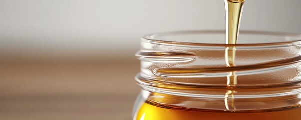 Fresh Honey Dripping from a Spoon into a Clear Glass Jar on a Rustic Wooden Surface