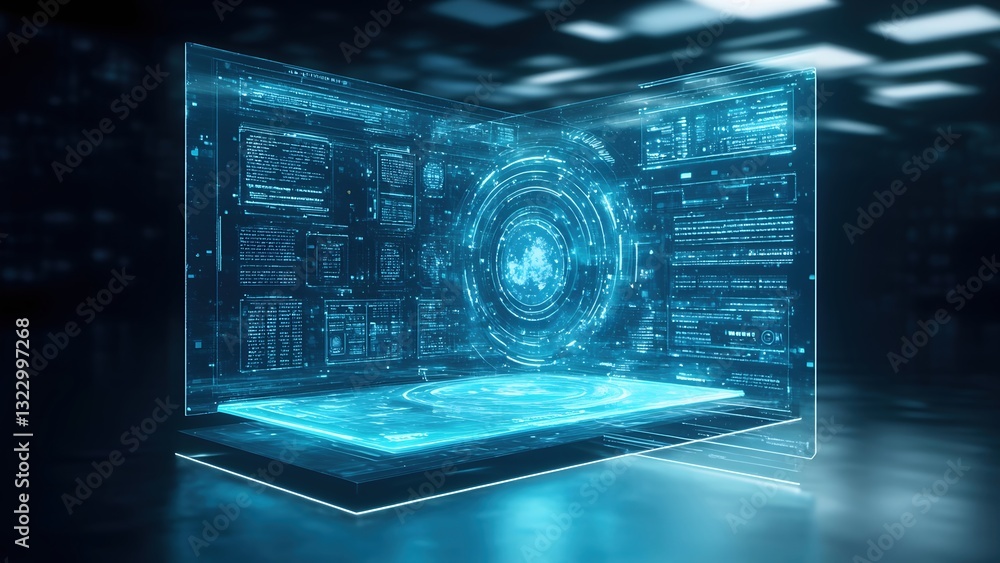 Poster futuristic interface displaying glowing blue background with interactive elements for sci-fi enthusi