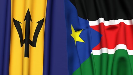 Flags of BARBADOS and SOUTH SUDAN with realistic cloth texture