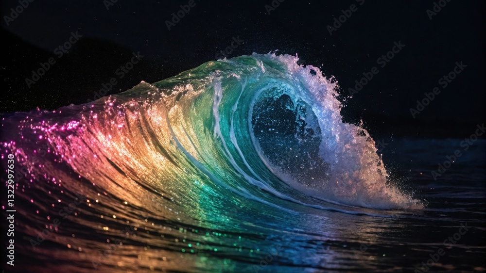 Poster wave with striking rainbow colored light flowing smoothly in a futuristic animated visual display