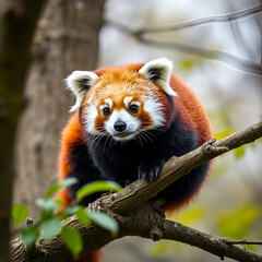A photo of a red panda is sitting on a tree branch