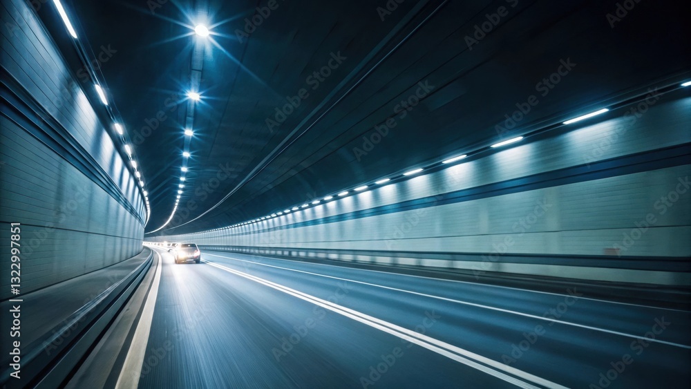Poster car driving through tunnel with motion blur creating an impression of speed and urban exploration