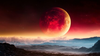 Fototapeta premium Surreal Alien Landscape Red Giant Moon Over Misty Mountains