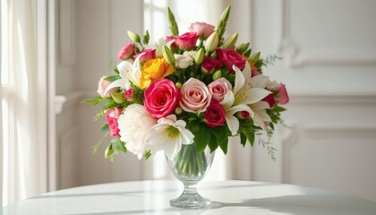 Obraz premium Elegant Flower Arrangement on a Table Roses, Lilies, and Greenery