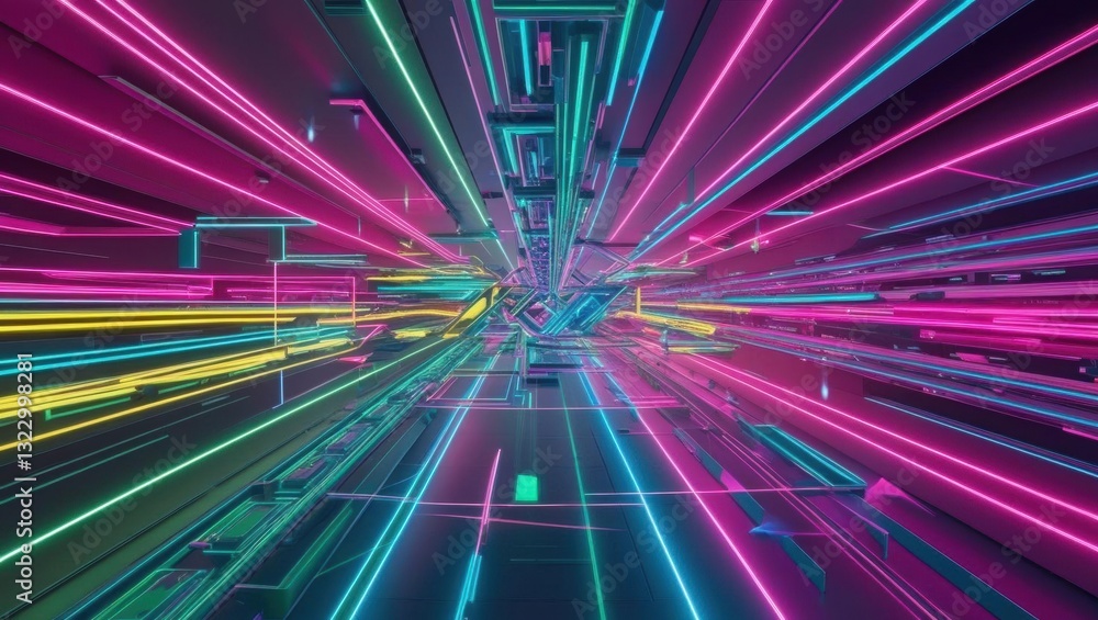 Poster neon lights in tunnel creating geometric tech patterns with animated elements for a modern digital f