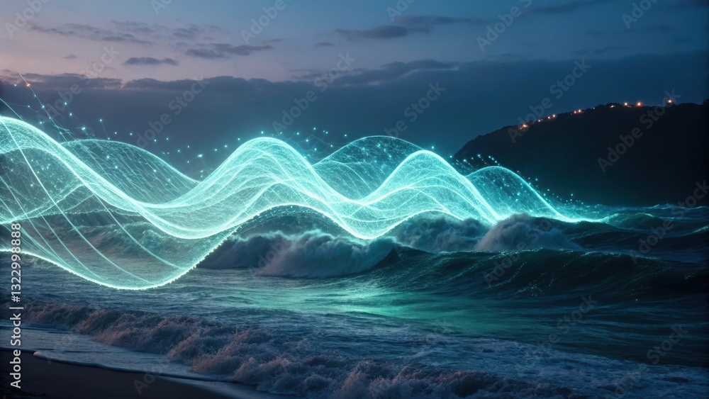 Poster abstract waves of quantum energy representing the cutting-edge technology of quantum computing