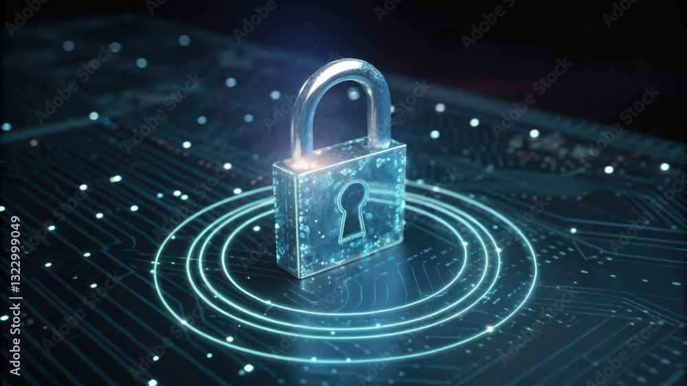 Poster padlock resting on circuit board surface representing advanced quantum holographic encryption concep