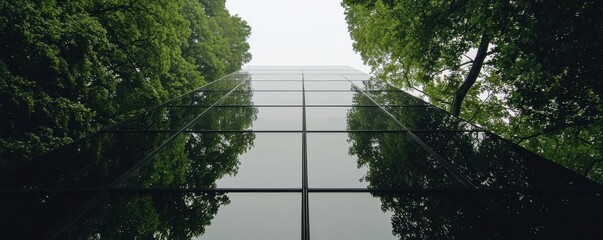 Reflective Glass Building Surrounded by Green Trees Against a Cloudy Sky in an Urban Nature Setting