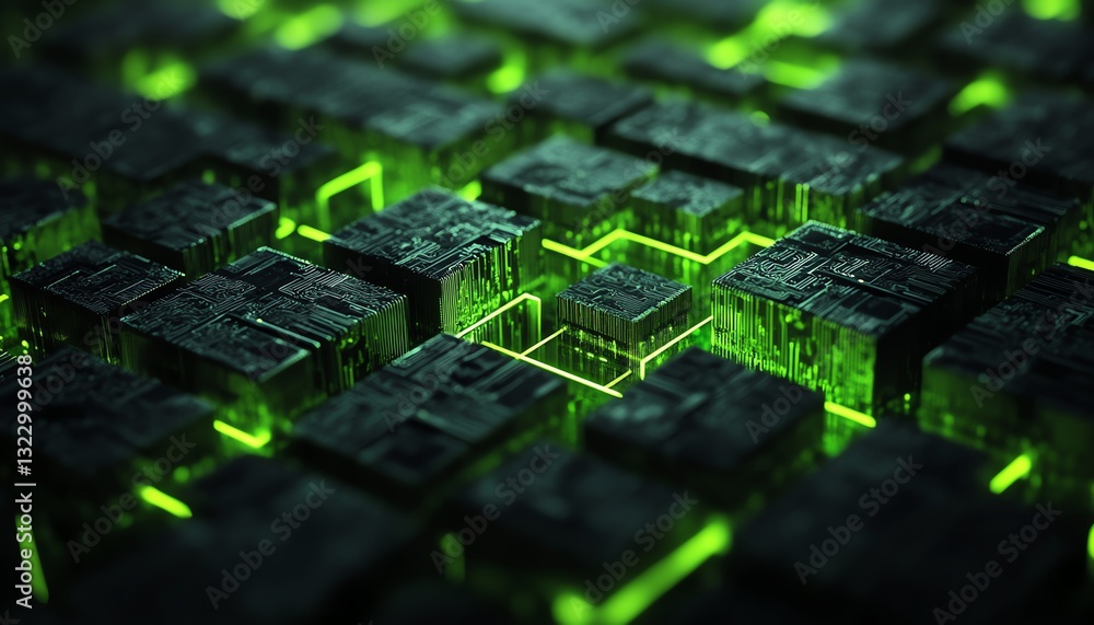 Poster Futuristic AI microchip with glowing neon green circuit pathways, dark background, advanced machine learning, 3D digital technology concept, sleek and hightech