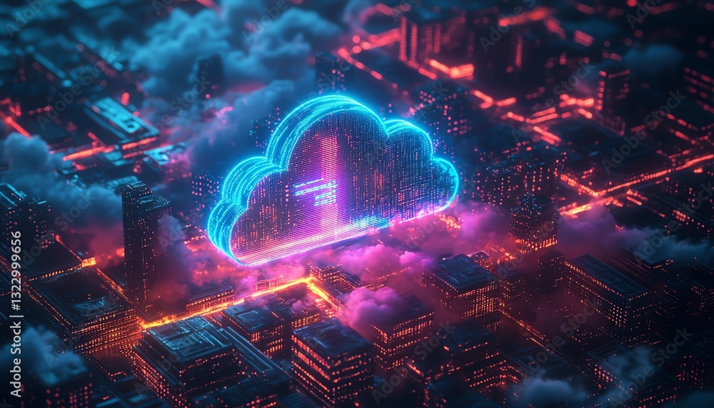 Poster futuristic city with cloud computing, data storage, and neon blue and purple lighting, 3d rendering,