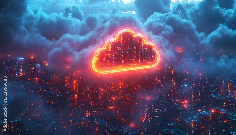 Aufkleber futuristic city with cloud computing, data storage, and neon blue and purple lighting, 3d rendering,