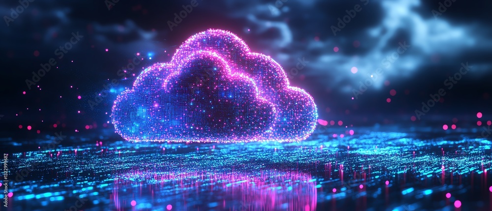 Poster Futuristic cityscape with cloud computing and data storage, neon blue and purple light, 3D rendering, advanced smart technology and digital data systems