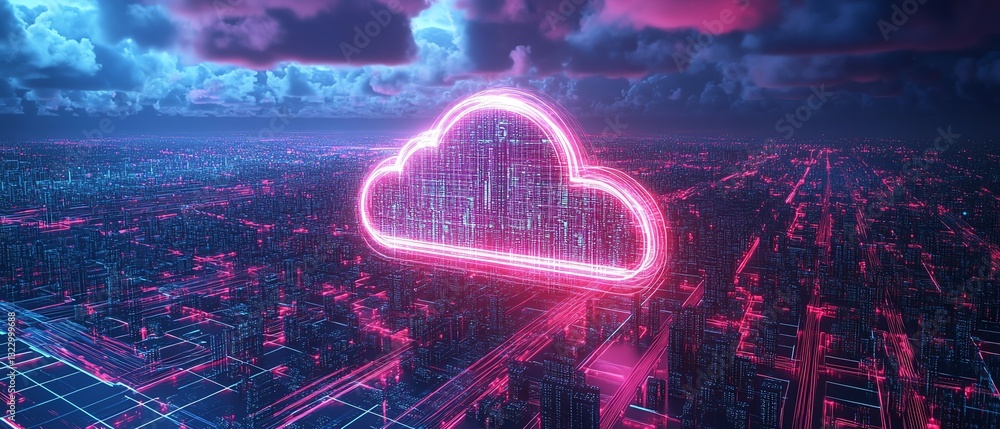 Aufkleber Futuristic cityscape with cloud computing and data storage, neon blue and purple light, 3D rendering, advanced smart technology and digital data systems