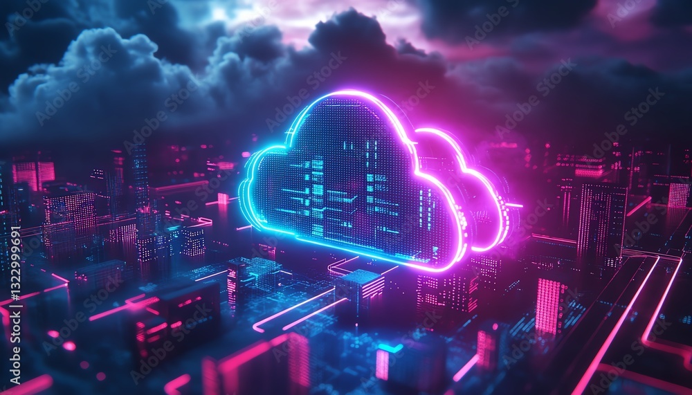 Fototapete Futuristic city with cloud computing, data storage, and neon blue and purple lighting, 3D rendering, advanced tech and smart infrastructure on dark urban background