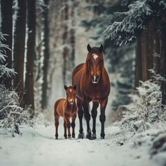 Brown mare and her foal walking through a winter forest, bond and beauty, cinematic composition, UHD 8K 