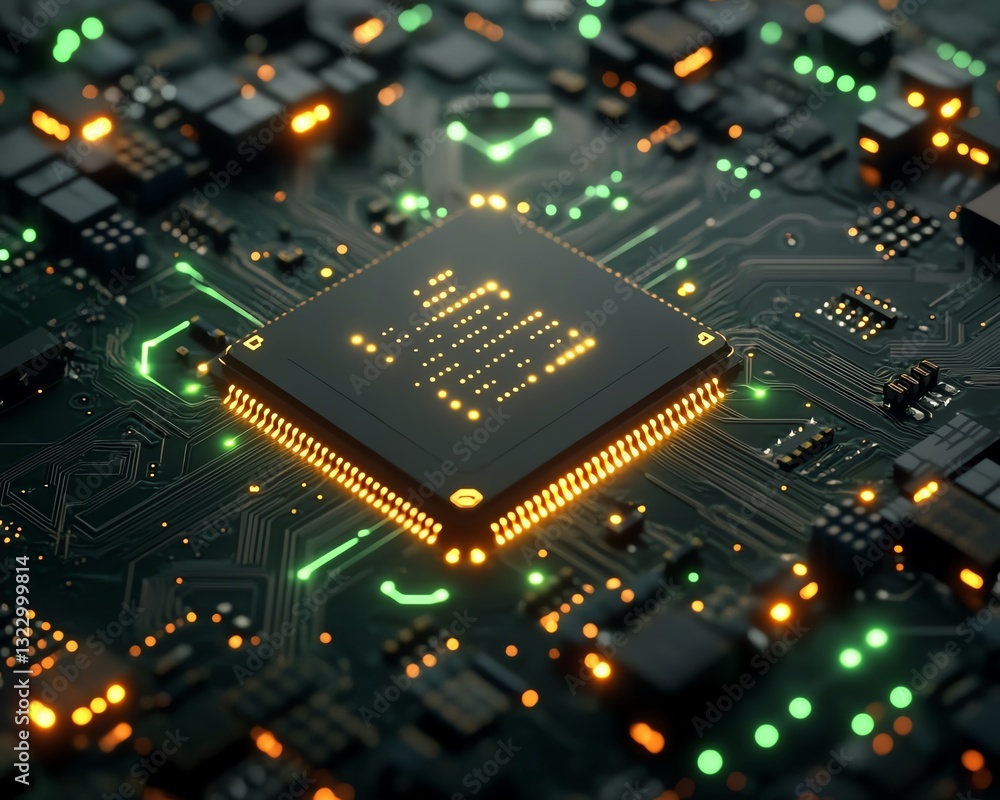 Aufkleber Futuristic microchip with glowing neon green circuits, 3D rendering, digital artificial intelligence and machine learning, advanced technology on a dark background
