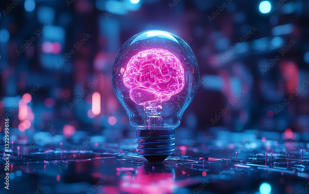 Aufkleber Futuristic glowing lightbulb with AI brain inside, illuminated with neon colors, surrounded by advanced robotic and digital network elements, hightech atmosphere