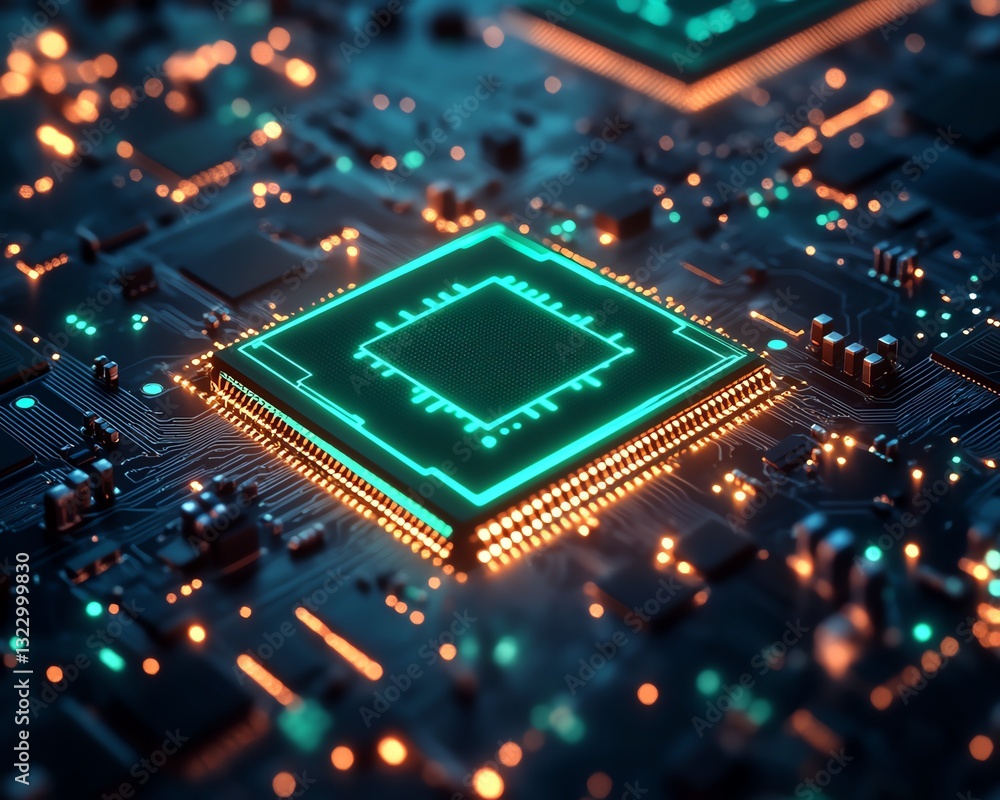 Poster Futuristic microchip with glowing neon green circuits, 3D rendering, digital artificial intelligence and machine learning, advanced technology on a dark background