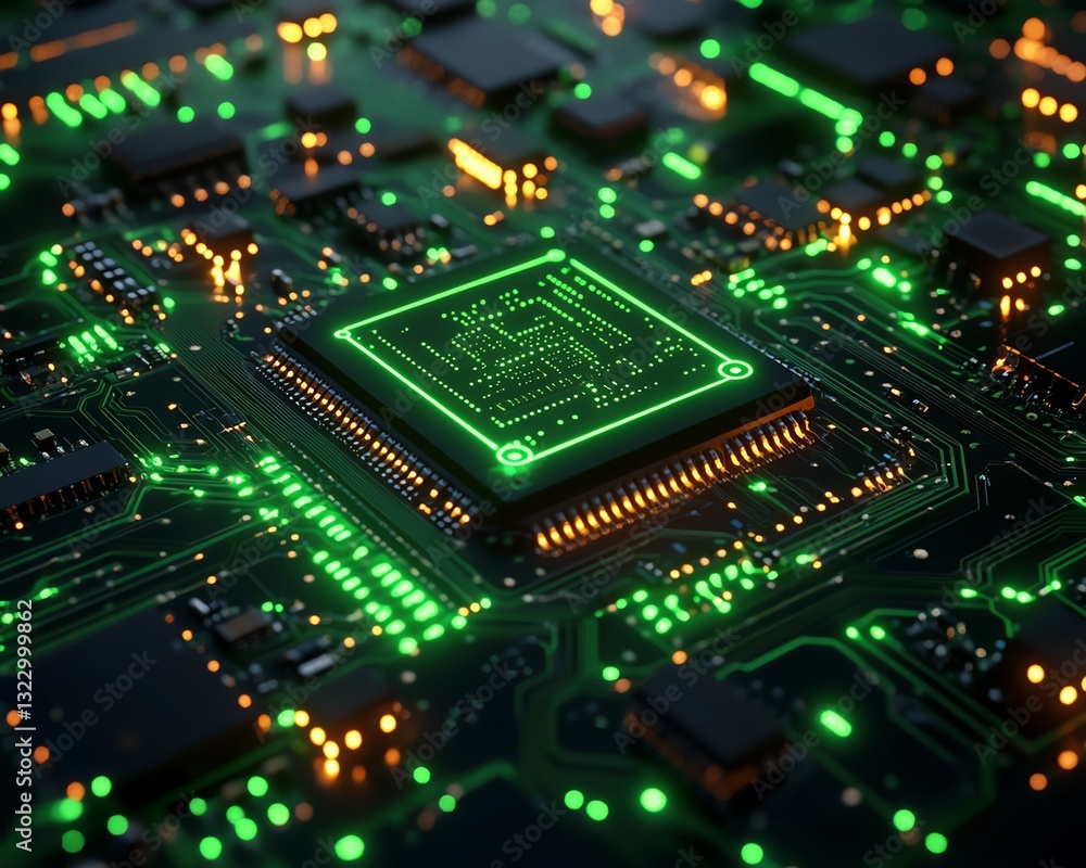 Aufkleber Futuristic microchip with glowing neon green circuits, 3D rendering, digital artificial intelligence and machine learning, advanced technology on a dark background