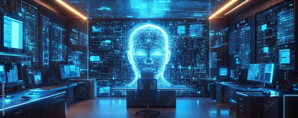 Aufkleber futuristic office with ai technology overlay, glowing digital circuits covering the desk and surroun