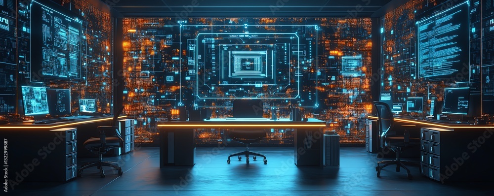 Aufkleber futuristic office with ai technology overlay, glowing digital circuits covering the desk and surroun