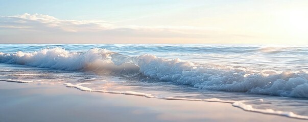 Obraz premium Seascape abstract background concept. Gentle waves roll onto a serene beach under a pastel sky at sunrise.