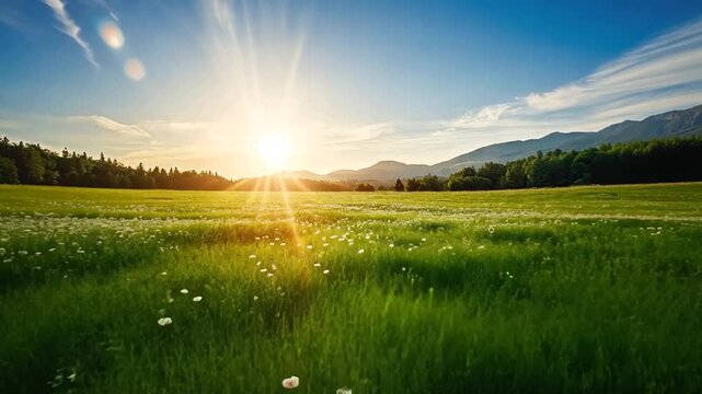 Serene sunrise over a lush green field adorned with daisies and distant mountains