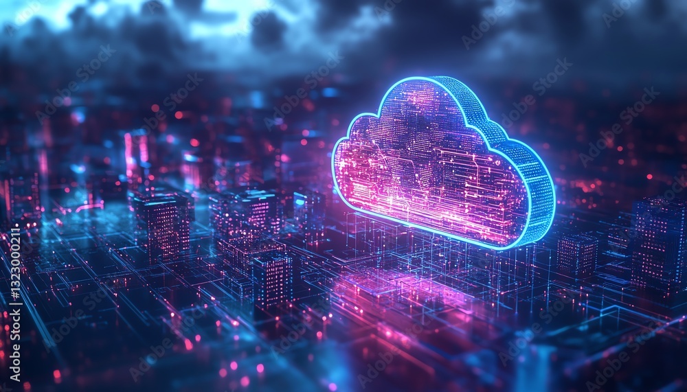 Aufkleber 3D rendering of a futuristic smart city, cloud computing and data storage concept with neon blue and purple lighting, dark background, cuttingedge technology and innovation