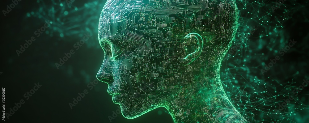 Poster 3D rendering of a neon green glowing AI microchip with intricate circuit connections, dark background, digital machine learning and artificial intelligence concept