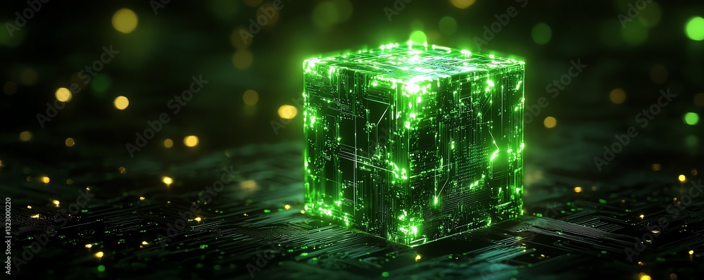 Poster 3D rendering of a neon green glowing AI microchip with intricate circuit connections, dark background, digital machine learning and artificial intelligence concept