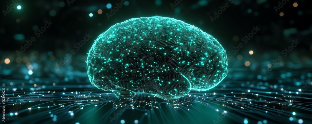 Poster 3D rendering of a neon green glowing AI microchip with intricate circuit connections, dark background, digital machine learning and artificial intelligence concept