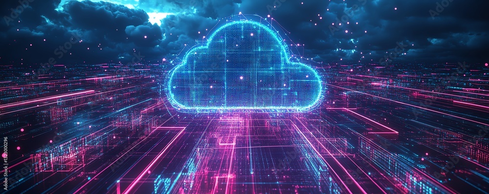 Aufkleber 3D rendering of a smart city with cloud computing and data storage, neon blue and purple lights, futuristic architecture, digital networks on a dark background