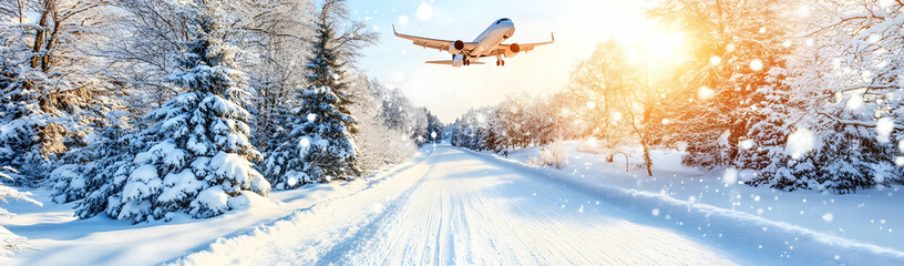 Naklejka premium Winter plane flight snowy road