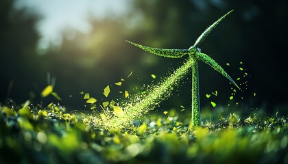 Fototapeta premium 3D rendering of a windmill with green arrows indicating energy flow, renewable energy concept, vibrant green energy streams, futuristic ecofriendly design